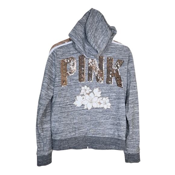 PINK Victoria's Secret Women's M Gray Sequined Zip Front Hoodie Jacket - Picture 2 of 8